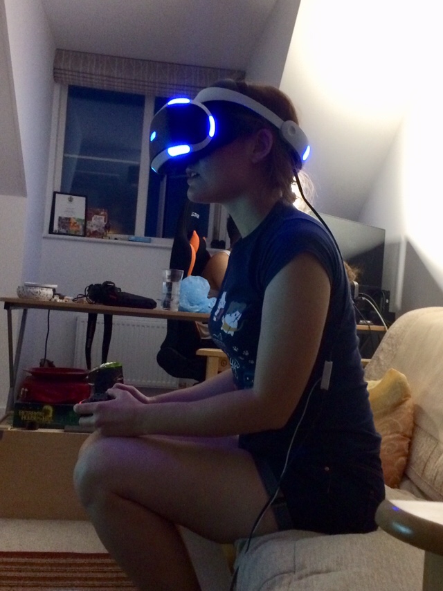Siobhan with a VR headset on 